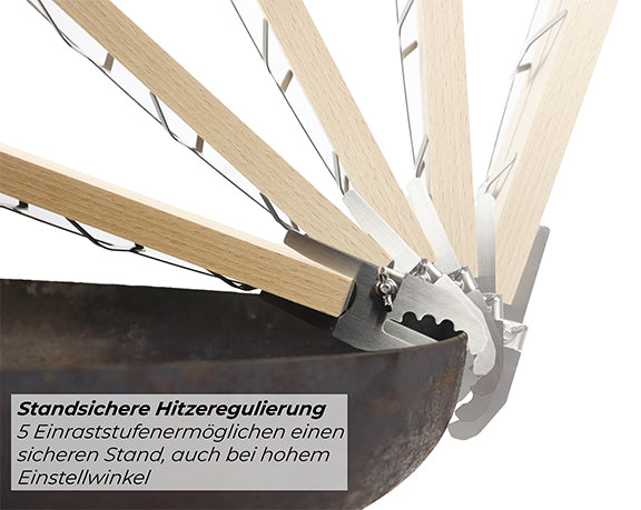 5 Einraststufen des Bargen 32cm Flammlachsbrettes mit Halterung für Feuerschale und Feuerplatte