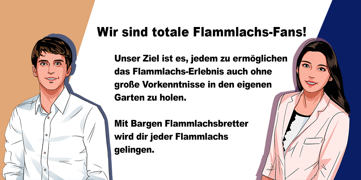 Die beiden Gründer von Bargen als Zeichnung, dazu der Text: Wir sind totale Flammlachs-Fans! Unser Ziel ist es, jedem zu ermöglichen, das Flammlachs-Erlebnis auch ohne große Vorkenntnisse in den eigenen Garten zu holen. Mit Bargen Flammlachsbrettern wird dir jeder Flammlachs gelingen.
